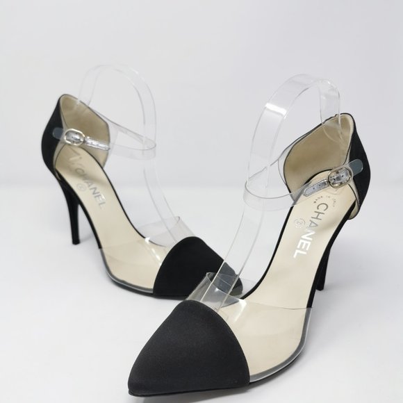 CHANEL Black Crepe Transparent PVC Pumps Heels - Picture 2 of 11